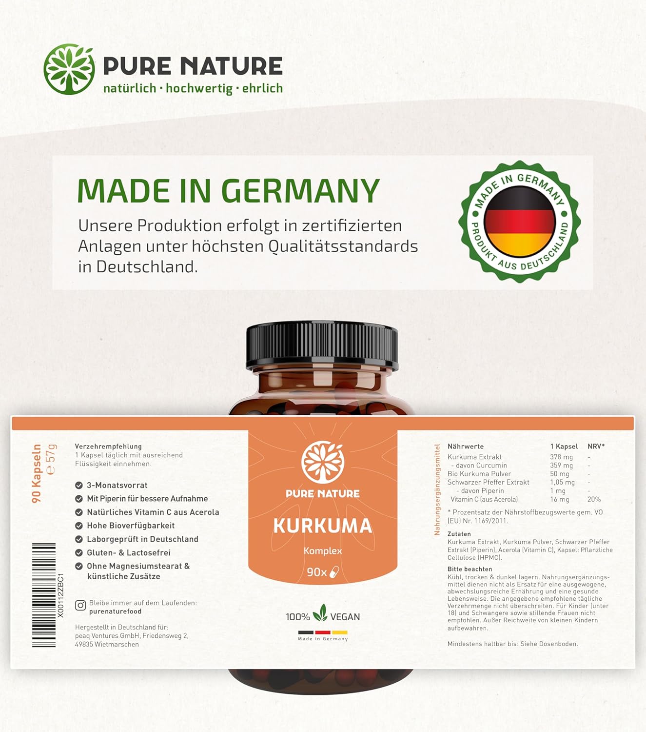 Kurkuma Komplex mit Piperin & Vitamin C - 90 Kapseln