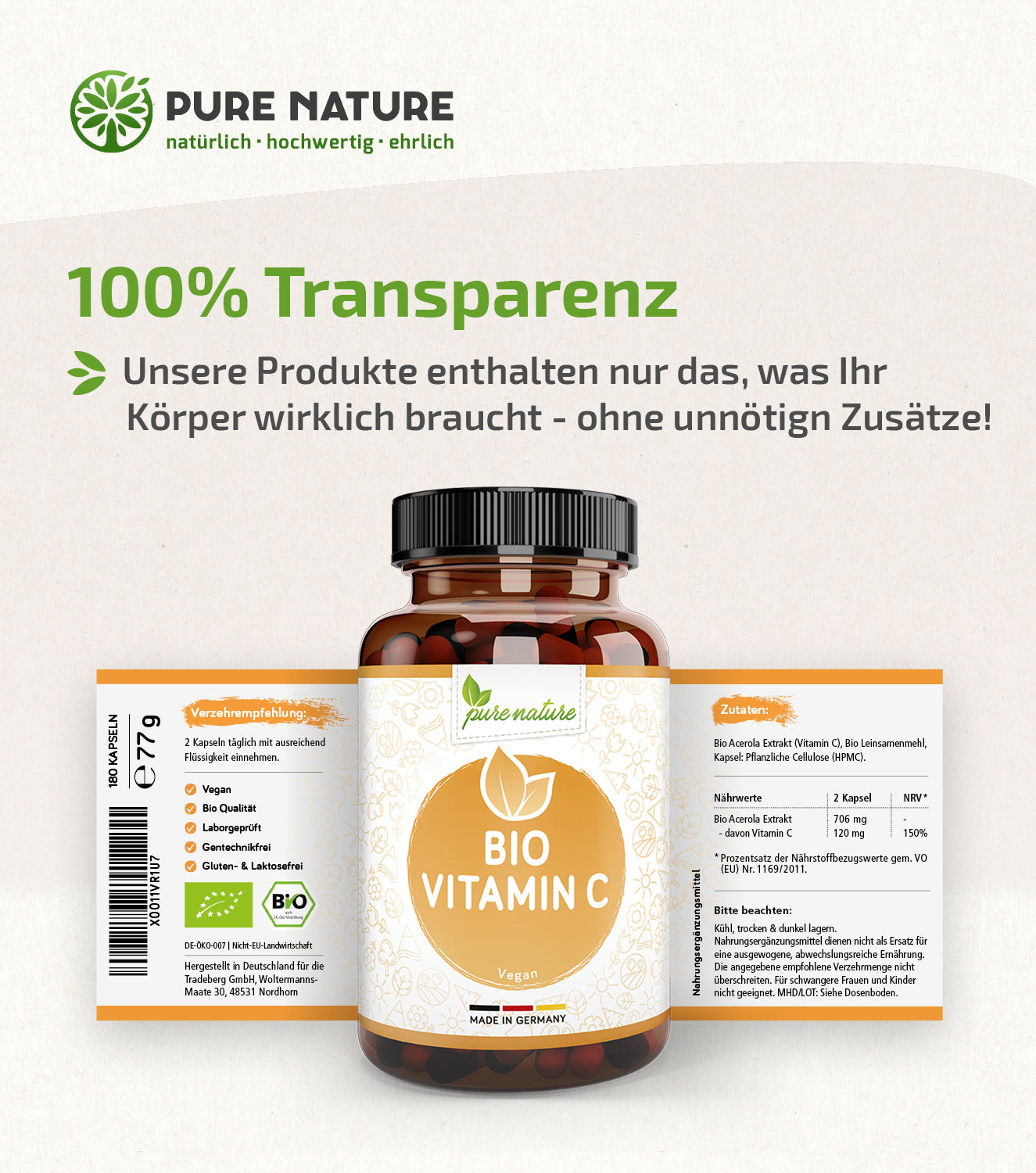 Natürliches Bio Vitamin C aus Acerola - 180 Kapseln