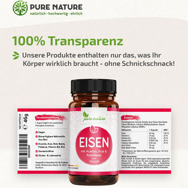 Eisen + Blutnährstoffe Açai, Rote Beete, Folsäure, Vitamin C, B2 & B12 - 120 Kapseln