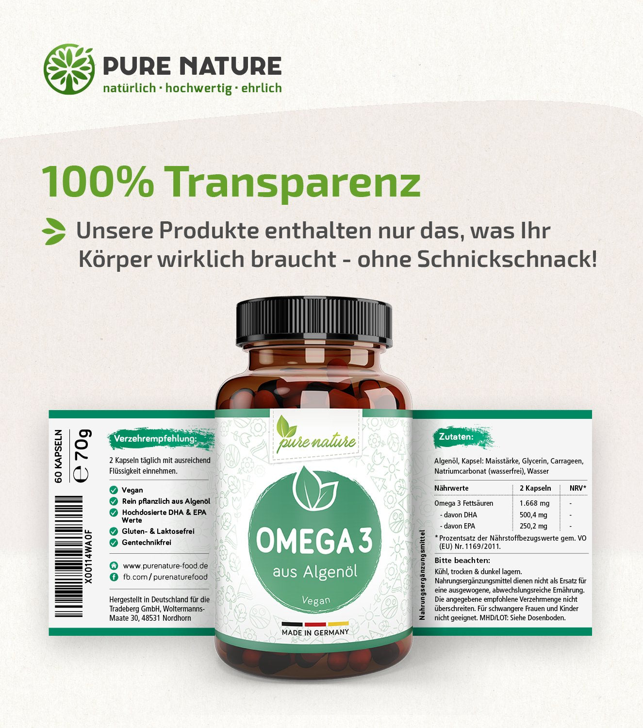 Omega 3 DHA & EPA aus reinem Algenöl - 60 Kapseln