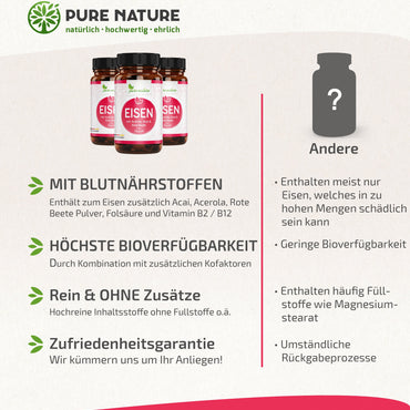Eisen + Blutnährstoffe Açai, Rote Beete, Folsäure, Vitamin C, B2 & B12 - 120 Kapseln